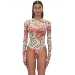 NWT Andrea Iyamah Womens Multi Mushroom Print Elle Mesh Leotard Bodysuit Size XL